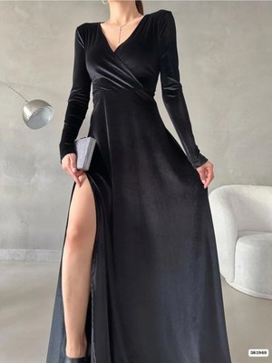 Semel Kadın Şık Model Kruvaze Uzun Kol Kadife Kumaş Yırtmaçlı Maxi Abiye Elbise
