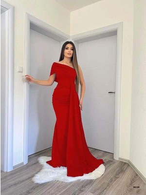 Semel Kadın Özel Tasarım Asimetrik Yaka Tek Kol Balık Kesim Abiye Elbise