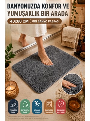 Open City Gri Banyo Paspası Yumuşak Mikrofiber Kaymaz Tabanlı Su Emici Makinede Yıkanabilir Ev Paspas 40X60CM