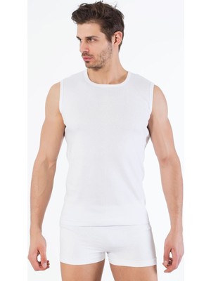 Siyah İnci Beyaz Pamuklu Yuvarlak Yaka Kolsuz T-Shirt