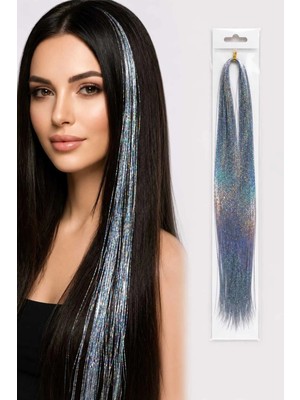 Invictus Design Kadın Gümüş Renk Simli Saç Aksesuar Saç Işıltısı Yan Postiş Hair Tinsel Shiny Hair Holografik Pratik Bağlamalı