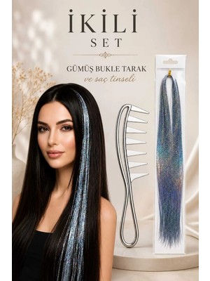 Invictus Design Kadın Gümüş Holografik Takma Saç Postiş Peruk ve Bukle Belirginleştirici Geniş Dişli Kıvırcık Tarak 2'li Set