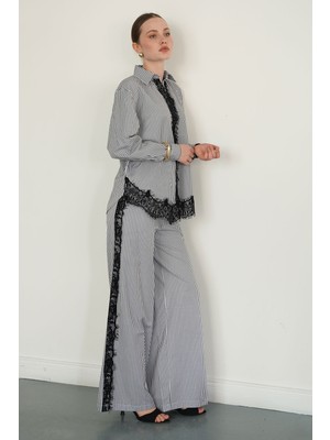 Very Moda Dantel Detaylı Çizgili Pantolon | F2083