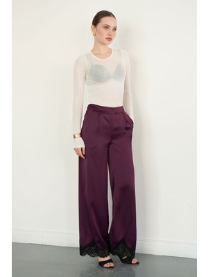 Very Moda Paçası Dantelli Saten Pantolon | D2969