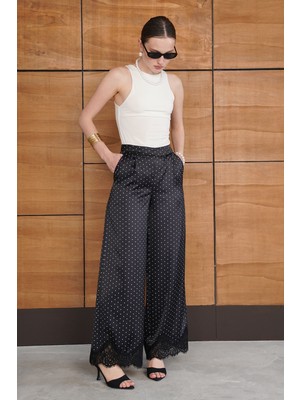 Very Moda Puantiyeli Paçası Dantelli Saten Pantolon | D2970