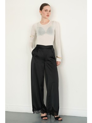 Very Moda Paçası Dantelli Saten Pantolon | D2969
