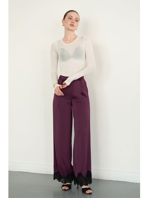 Very Moda Paçası Dantelli Saten Pantolon | D2969