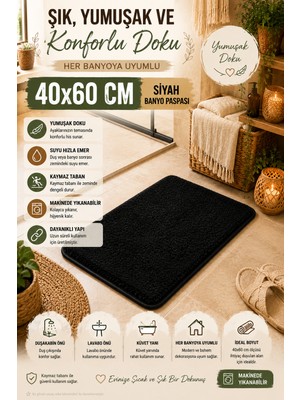 Open City Siyah Banyo Paspası Yumuşak Kaymaz Tabanlı Su Emici Makinede Yıkanabilir Ev Paspas 40X60CM