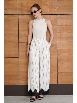 Very Moda Puantiyeli Paçası Dantelli Saten Pantolon | D2970
