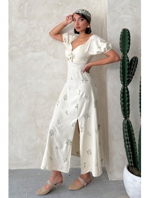 Very Moda Nakışlı Keten Görünümlü Elbise | D2901