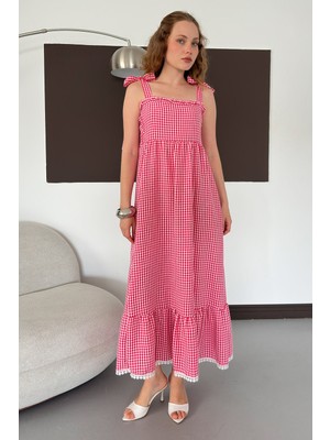 Very Moda Kadın Pötikare Desenli Askı Bağlama Detaylı Maxi Elbise | D3108
