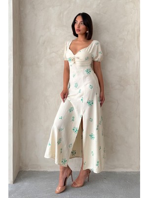Very Moda Nakışlı Keten Görünümlü Elbise | D2901