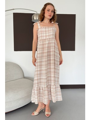 Very Moda Kadın Ekose Desenli Askı Bağlama Detaylı Maxi Elbise