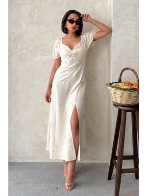 Very Moda Nakışlı Keten Görünümlü Elbise | D2901