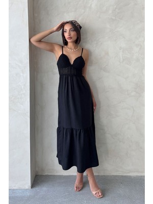 Very Moda Keten Görünümlü Askılı V Yaka Boydan Elbise I D2328 | D2328