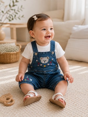 Maxi İdol Yazlık Unisex Bebek Denim 2’li Takım - Ayı Aplikeli Cepli Salopet ve Beyaz Bluz