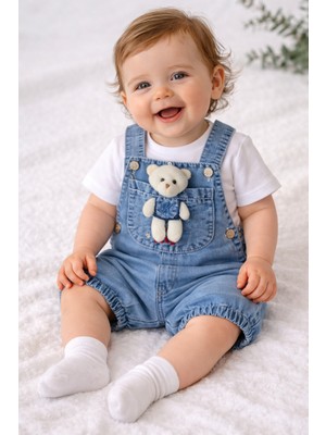 Maxi İdol Yazlık Unisex Bebek Denim 2’li Takım - Ayı Aplikeli Cepli Salopet ve Beyaz Bluz