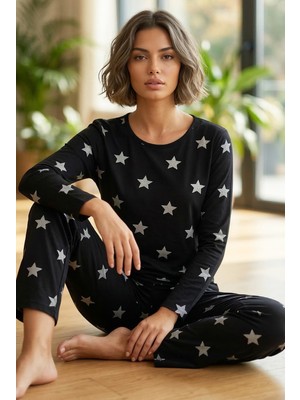 Siyah İnci Kadın Pamuklu Pijama Takımı Uzun Paça ve Yıldız Deseni ile Konforlu Uyku