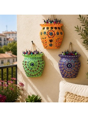 Yedirenk Hediyelik Eşya Seramik Çini Desenli Saksı Kapı Duvar Bahçe Balkon Dekorasyon Süsü 3 ' Lü Set