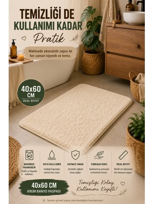 Open City Krem Banyo Paspası Yumuşak Kaymaz Tabanlı Su Emici Makinede Yıkanabilir Ev Paspas 40X60CM