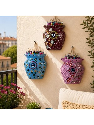 Yedirenk Hediyelik Eşya Seramik Çini Desenli Saksı Kapı Duvar Bahçe Balkon Dekorasyon Süsü 3 ' Lü Set
