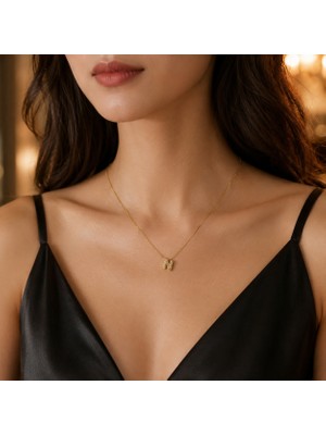 N Harf Uçlu Gold Renk Ince Zincir Kolye – 40-45 cm  316L Paslanmaz Çelik