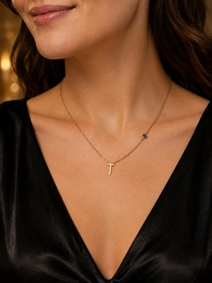 T Harfli Nazar Boncuklu Gold Renk Kadın Kolye 40–45 cm 316L Paslanmaz Çelik