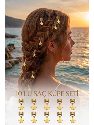 Invictus Design Kadın Gold Deniz Yıldız Model Sallantılı Saç Küpesi Charm Saç Tokası Saç Yüzük Örgü Aksesuar 10'lu Set
