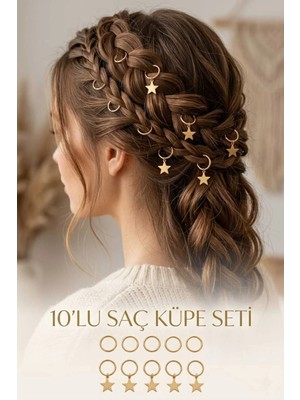 Invictus Design Kadın Gold Yıldız Desenli Metal Aksesuar 10'lu Set Charm Saç Küpesi