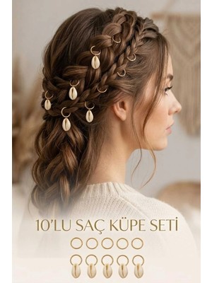 Invictus Design Kadın Gold Deniz Kabuğu Istiridye Halka Model Saç Küpesi Charm Saç Tokası Saç Yüzük Örgü Aksesuar 10'lu Set