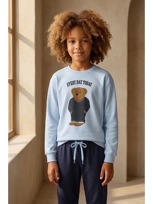 Erkek Çocuk Teddy Desenli Sweatshirt Pijama Üstü Mavi