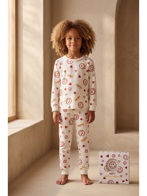Katia & Bony Kız Çocuk Gülen Yüz Desenli Kutulu Pijama Takımı Ekru