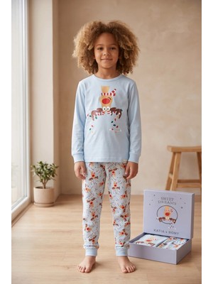 Katia & Bony Çocuk Lovely Deer Kutulu Yılbaşı Pijama Takımı Mavi