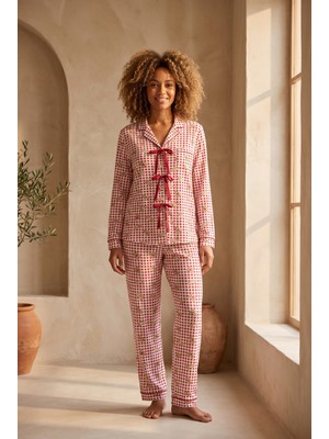 Katia & Bony Kadın Fiyonklu Ayıcık Desenli Ekose Pijama Takımı