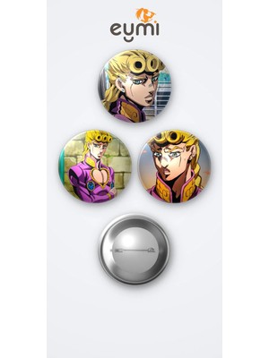Eymi Design Jojo Animesi Giorno Giovanna 3'lü Metal Rozet Seti 58MM Iğneli Buton Çanta Yaka Rozeti