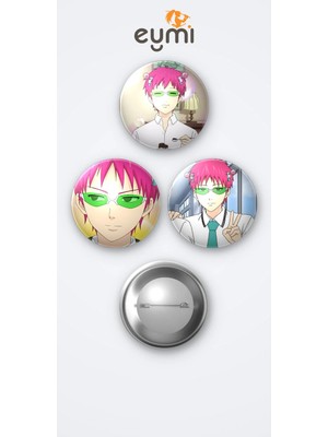 Eymi Design Saiki K. Kusuo Saiki 3'lü Metal Rozet Seti 58MM Iğneli Buton Çanta Yaka Rozeti