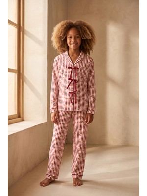 Katia & Bony Kız Çocuk Fiyonklu Ayıcık Desenli Ekoseli Pijama Takımı