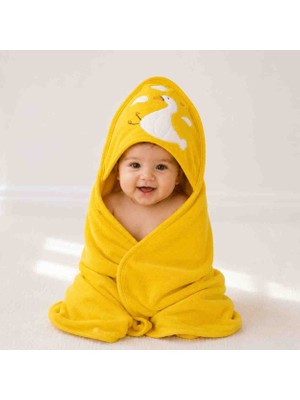 Babys Tasarım %100 Pamuk Kapüşonlu Bebek Banyo Havlusu Sarı Ördek Desenli Nakışlı Yumuşak Bebek Havlusu