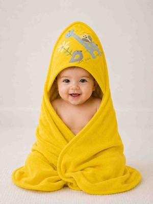 Babys Tasarım %100 Pamuk Kapüşonlu Bebek Banyo Havlusu Sarı Mavi Zürafa Desenli Nakışlı Yumuşak Bebek Havlusu