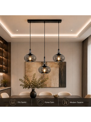 Dolunay Avize 3’lü Camlı Sıralı Sarkıt Avize – Siyah Kasalı Modern Dekoratif Aydınlatma
