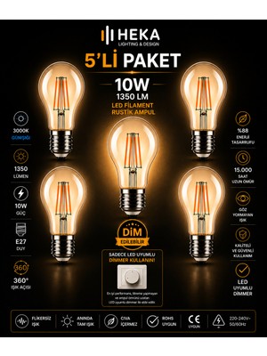 Avarson (5 Adet) HEKA 10W Günışığı (3000K) E27 Duylu dim Edilebilir LED Rustik Ampul