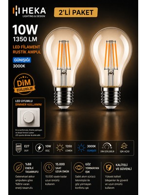 Avarson (2 Adet) HEKA 10W Günışığı (3000K) E27 Duylu dim Edilebilir LED Rustik Ampul