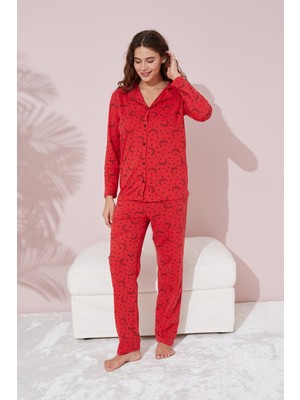 Siyah İnci Kırmızı Ay Desenli Pamuklu Düğmeli Pijama Takımı