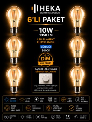 Avarson (6 Adet) HEKA 10W Günışığı (3000K) E27 Duylu dim Edilebilir LED Rustik Ampul