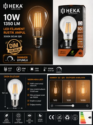 Avarson (1 Adet) HEKA 10W Günışığı (3000K) E27 Duylu dim Edilebilir LED Rustik Ampul