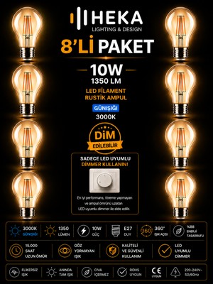 Avarson (8 Adet) HEKA 10W Günışığı (3000K) E27 Duylu dim Edilebilir LED Rustik Ampul
