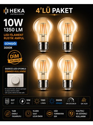 Avarson (4 Adet) HEKA 10W Günışığı (3000K) E27 Duylu dim Edilebilir LED Rustik Ampul