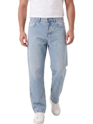 Deepsea Erkek Mavi Yıkamalı Baggy Fit Likralı Bol Kesim Geniş Paça Jean Kot Pantolon 2600061