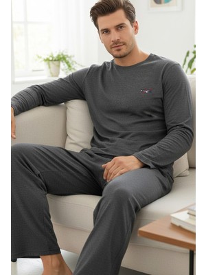 Siyah İnci Füme Uzun Kollu Nakışlı Örme Erkek Pijama TAKIM7795