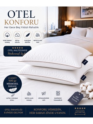 Viscolog 2liotel Konforu Rahat Mikrojel Yastık %100 Pamuk Kumaş 900 gr Dolgu Hipoalerjenik Nefes Alan 50X70 cm (Tela Çantalı)